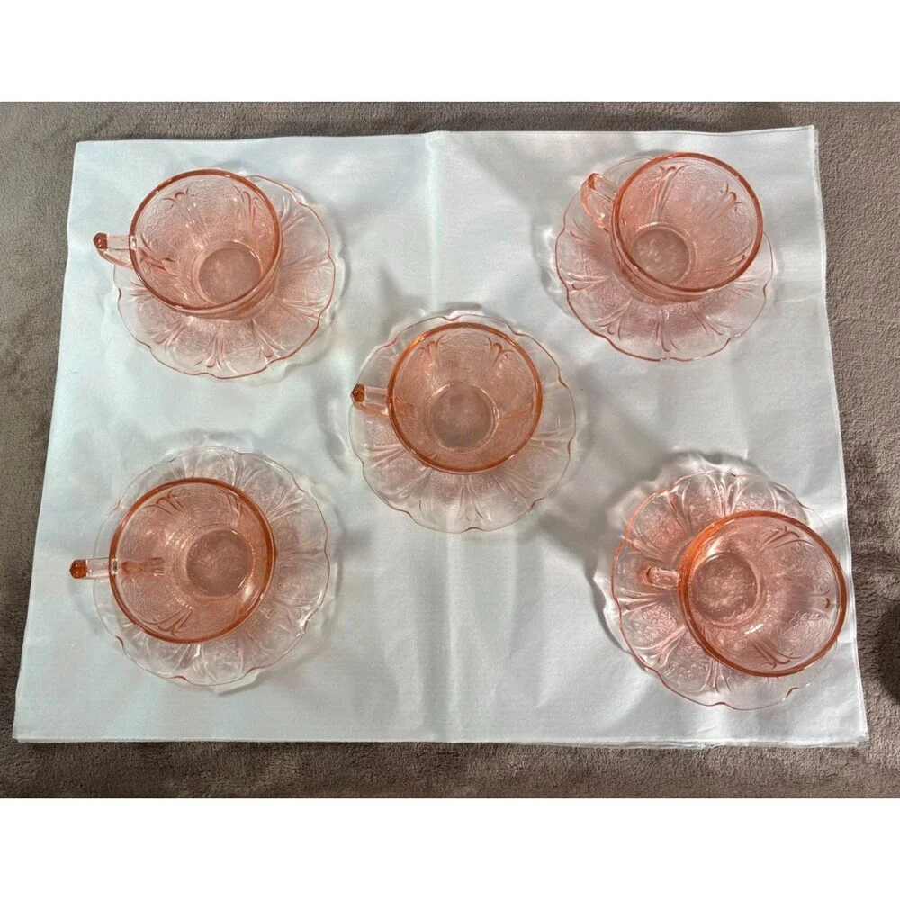 Jeannette Pink Cherry Blossom Depression Glass Cups Saucers 10 Pc Set VTG